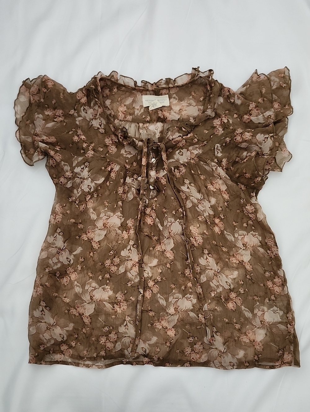 Denim & Supply Ralph Lauren Brown Sheer Floral Ruffle Tie-Neck Blouse